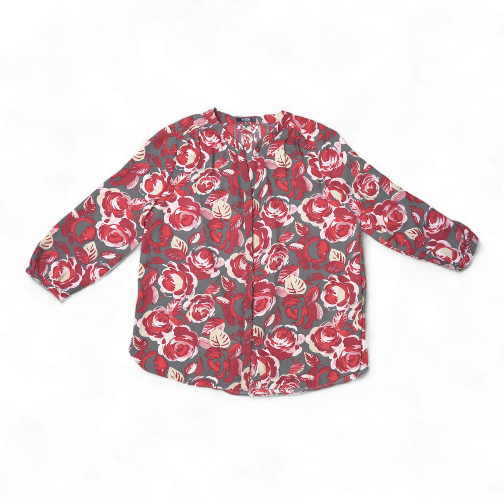 NYDJ Red Rose Pleated V-Neck Button-Down Blouse Sz M | 3/4 Sleeve, Romantic Chic